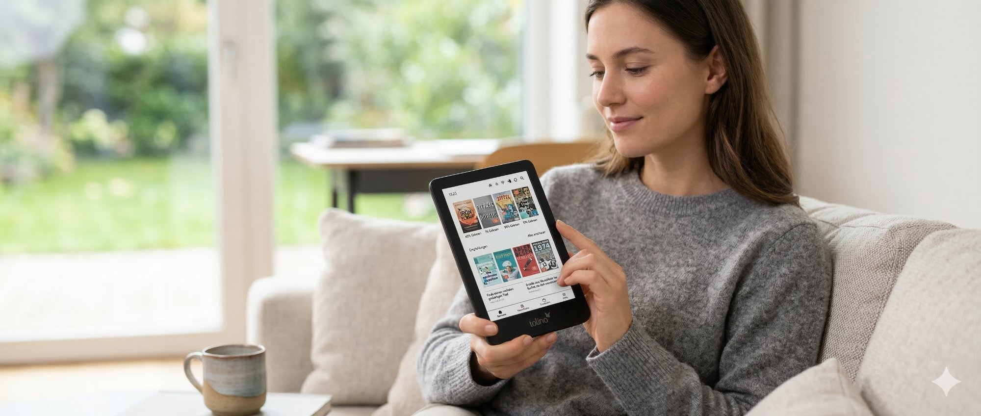 Frau liest entspannt auf einem tolino shine color eReader auf dem Sofa